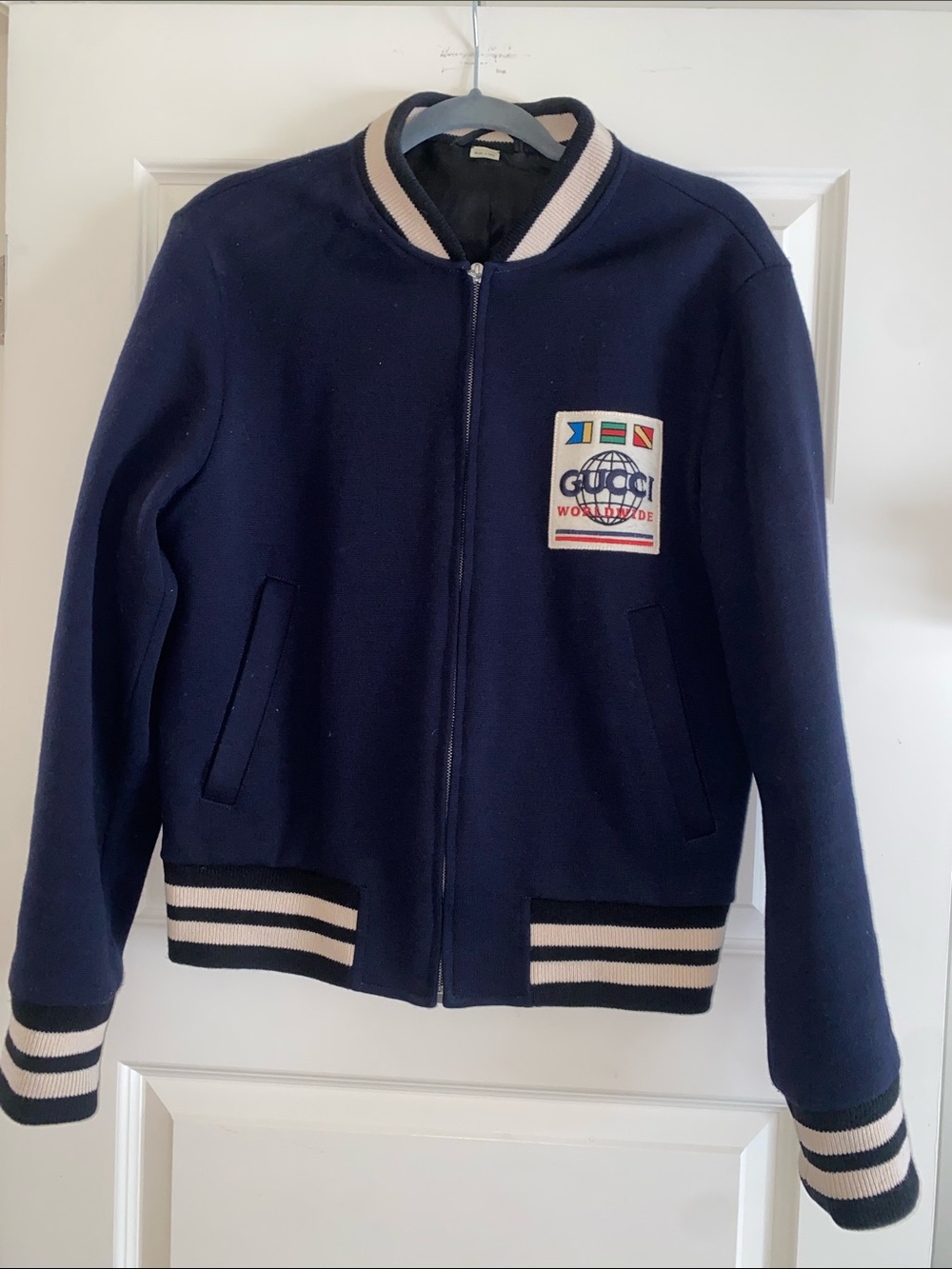 Gucci Navy and Cream Striped Trim Worldwide Logo Bomber